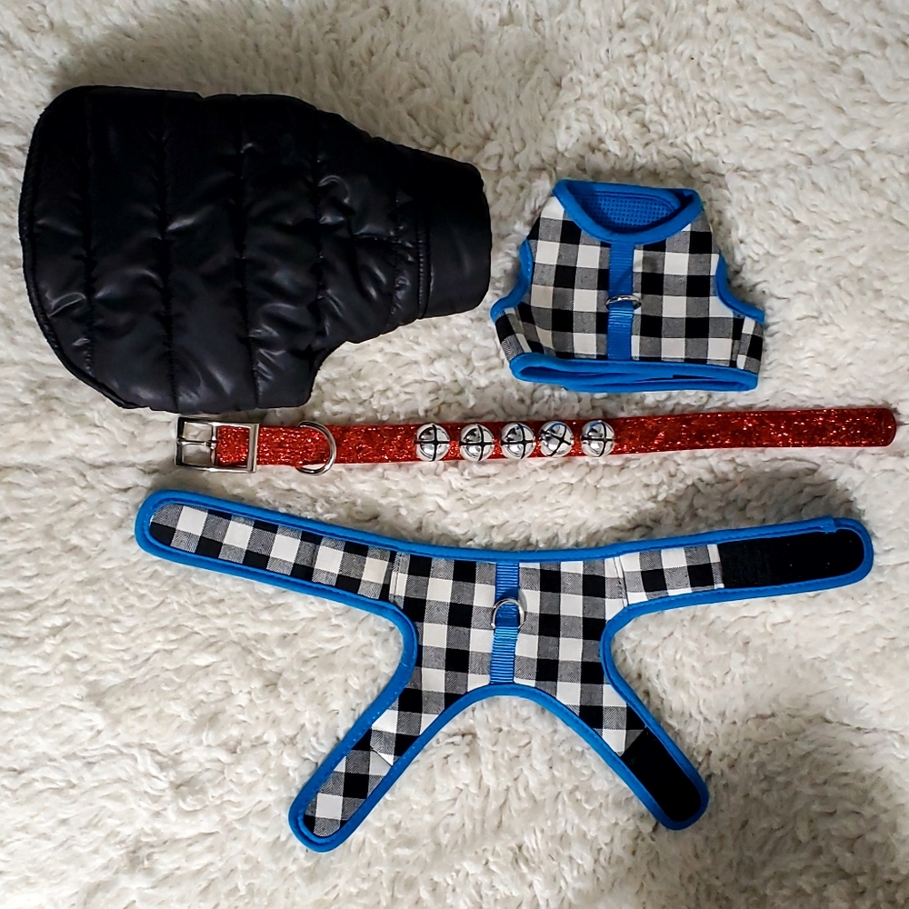 NWOT Dog Collection,2-Harness 1 Black Puffer Jacket 1 Red Collar,Removable Balls